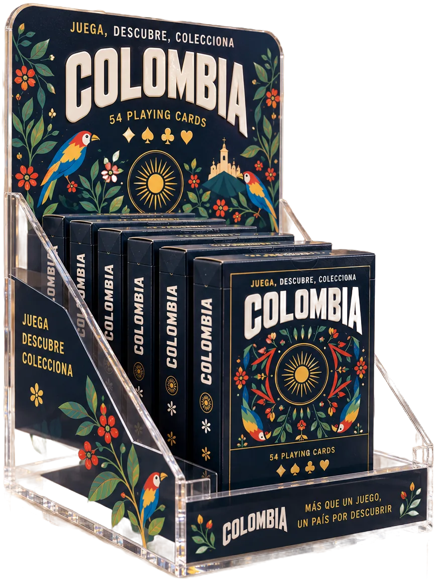 Exhibidor de acrílico con barajas Colombia de 54 cartas