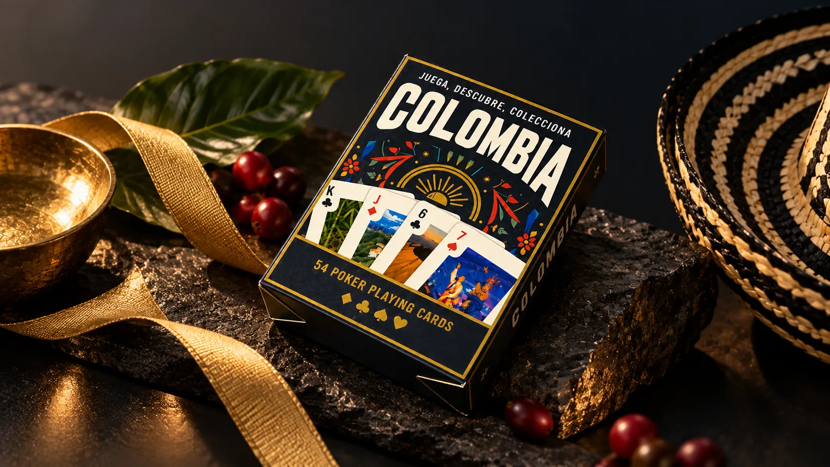 Baraja Colombia sobre una piedra oscura, con granos de café, una cinta dorada y un sombrero vueltiao